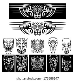 Set of different abstract and fantastic types of skulls, black, white.