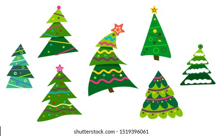 Set Different abstract green Christmas trees with tinsel and without. Collection Christmas tree decorated, modern flat design. vector illustration.
