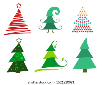 Set Different abstract green Christmas trees with tinsel and without. Collection of Christmas trees, modern flat design. vector illustration.