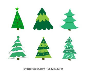 Set Different abstract green Christmas trees with tinsel and without. Collection of Christmas trees, modern flat design. vector illustration.