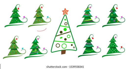 Set Different abstract green Christmas trees with tinsel and without. Collection Christmas tree decorated, modern flat design. vector illustration.