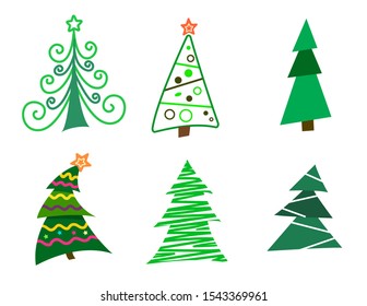 Set Different abstract green Christmas trees with tinsel and without. Collection of Christmas trees, modern flat design. vector illustration.