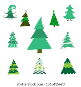 Set Different abstract green Christmas trees with tinsel and without. Collection Christmas tree decorated isolated. vector illustration.