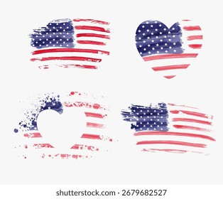 Conjunto de diferentes bandeiras abstratas escovadas pelo grunge dos Estados Unidos da América. Elementos de decoração de feriados nacionais dos EUA