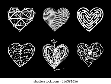 Conjunto de corações abstratos diferentes no estilo doodle