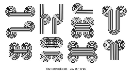 Set of different abstract line figures with round shapes. Geometric forms in trendy boho style. Minimalistic design elements for modern templates. Vector graphic illustration.