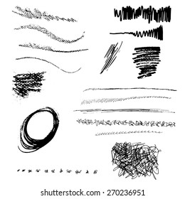 Set of different abstract pastel and black pen scribbles.
