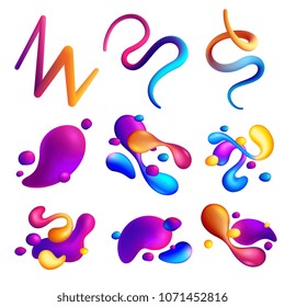 Set of different abstract shapes of holographic fluid spills on white background isolated vector illustration 