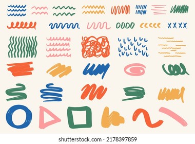 Set of different abstract shapes and patterns. Hand drawn doodles. Modern fashion illustration. Flat design, cartoon drawing, vector.