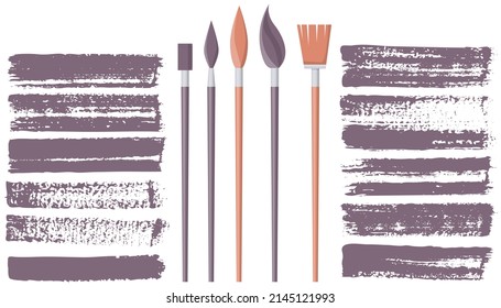 Set of different abstract shapes and prints next to art brushes. Black design elements isolated on white background. Seamless pattern for creating style. Decoration template, brush strokes for design