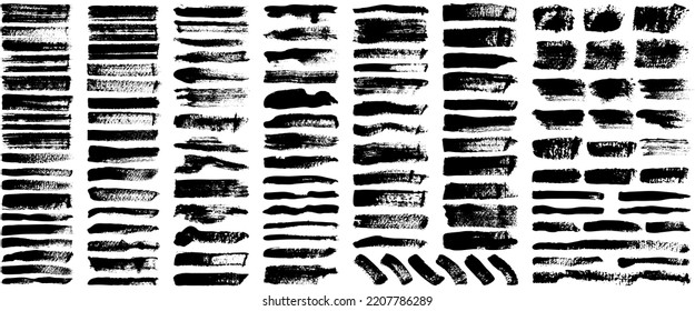 Satz verschiedener abstrakter Formen, Abstriche und Ausdrucke. Schwarze Designelemente einzeln auf weißem Hintergrund. Nahtloses Muster zum Erstellen von Stilen. Dekorationsvorlage, Pinselstriche für Design-Styling