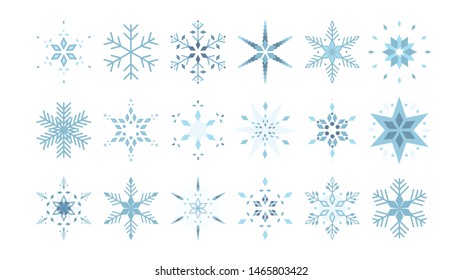 Set of different abstract snowflakes made of diamonds, lines, circles and hexagons.