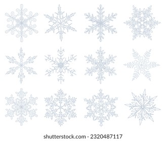 Set verschiedener abstrakter Schneeflocken. Winterschnee. Weihnachtsdesign-Elemente-Kollektion für Overlay, Banner, Cover, Karte, Einladung. Realistische, handgezeichnete Illustrationen einzeln auf weißem Hintergrund.
