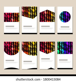 Set with different abstract templates with black background and bright sparkling dots. Cards for your design and advertisement