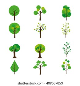 Set of different abstract trees on a white background