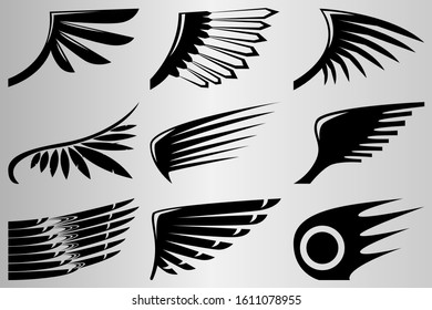 Set of different abstract wings. The silhouette of the wings. Drawing for tattoo. Vector illustration.