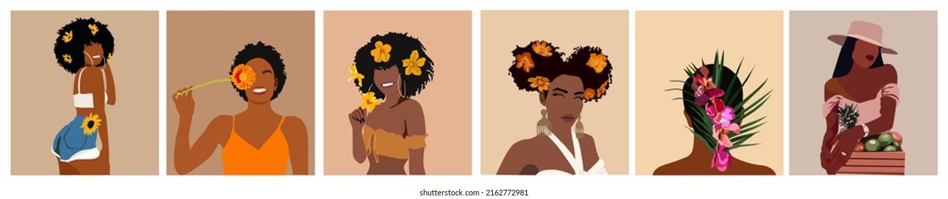 Set of different Abstract women portraits. Beautiful happy girls with flowers. Fashion vector illustration cartoon style isolated on neutral background. Vacation mood, feminine concept.