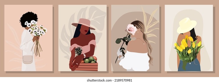 Set of different Abstract women portraits. Beautiful girls with flowers. Fashion vector illustration cartoon style isolated on neutral background. Templates for cards, posters, banners, t-shirt prints