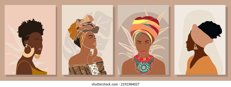 Set of different Abstract women portraits. Beautiful African girls wearing traditional clothes and accessories. Fashion vector illustration in cartoon style. Trendy modern design.