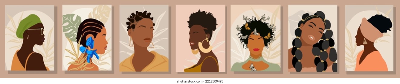 Set of different Abstract women portraits. Beautiful girls with flowers. Fashion vector illustration cartoon style isolated on neutral background. Templates for cards, posters, banners, t-shirt prints