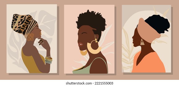 Set of different Abstract women portraits. Beautiful African girls wearing traditional clothes and accessories. Fashion vector illustration in cartoon style. Trendy modern design.