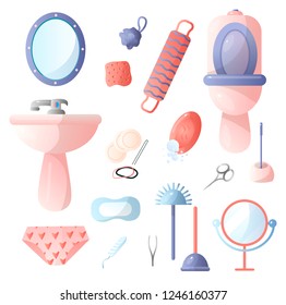 Set of different accessories in the bathroom that people use in everyday life, toothbrushes, toothpaste, hair dryer, hairbrush, mirror, scissors, vantos, soap and more.