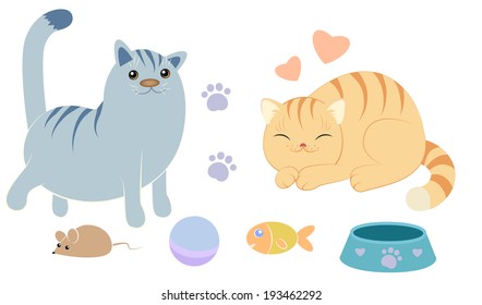 A set of different accessories for cartoon cats - toys, bowls and love