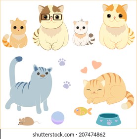 A set of different accessories for cartoon cats - toys, bowls and love