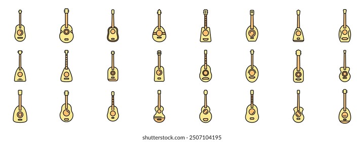 Set of different acoustic and classical guitars showing variety of shapes and sizes, string musical instruments for playing music