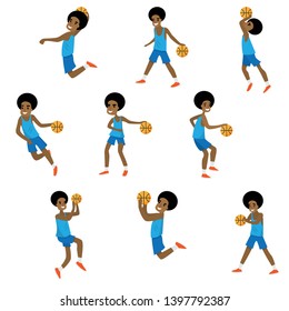 Set of different action of african basketball character boy