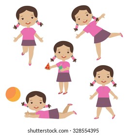 Set of different action by little girl on the white background. Vector isolated little girl