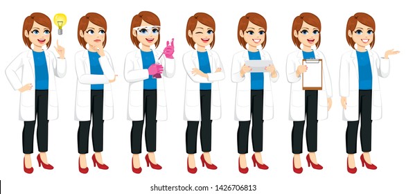 Set of different actions by female scientist experimenting explaining and having idea