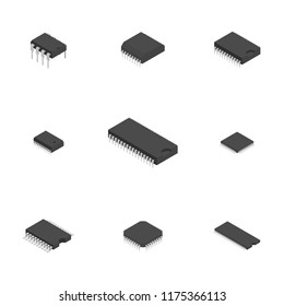 Set of different active and passive electronic components isolated on white background. Flat 3D isometric style, vector illustration.