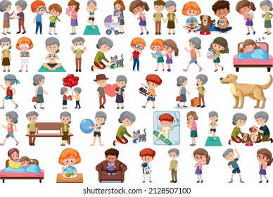 Set of different activities people in cartoon style illustration