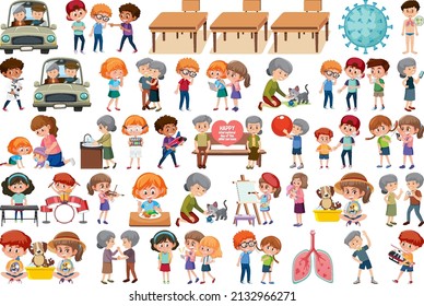 Conjunto de diferentes actividades de la gente en ilustración de estilo de dibujos animados