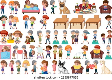 Set of different activities people in cartoon style illustration