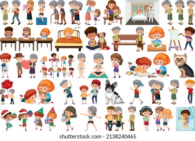 Set of different activities people in cartoon style illustration