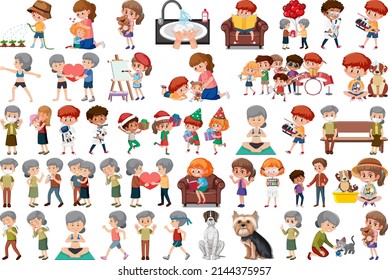 Set of different activities people in cartoon style illustration