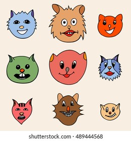 Set Of Different Adorable Cartoon Cats Faces. Colored Vector illustration. Hand drawn art sketch cat.