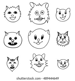 Set Of Different Adorable Cartoon Cats Faces. Black and white Vector illustration. Hand drawn art sketch cat.
