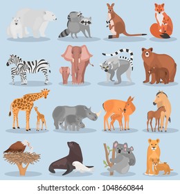 Set of different adult animals and their cubs color flat icons