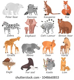 Set of different adult animals and their cubs color flat icons