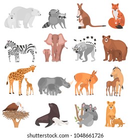 Set of different adult animals and their cubs color flat icons