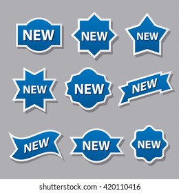 set of different advertising badges and stickers in blue color