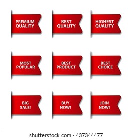 set of different advertising flags and stickers in red color, on white background, sale and discount