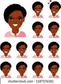 Set of different african american avatar woman in colorful flat style.
Collection of various emotion expression avatar female happy, angry, sad, funny.