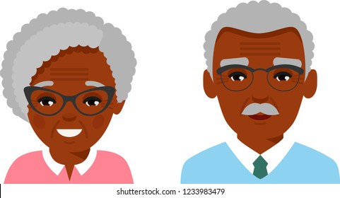 Set of different african american avatar old peoples in colorful flat style. Collection of various black faces of age man, woman.

