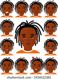 Set von verschiedenen afrikanisch-amerikanischen Avatar Mann in buntem flachen Stil.
Sammlung verschiedener Emotionen Ausdruck avatar männlich glücklich, wütend, traurig, lustig.

