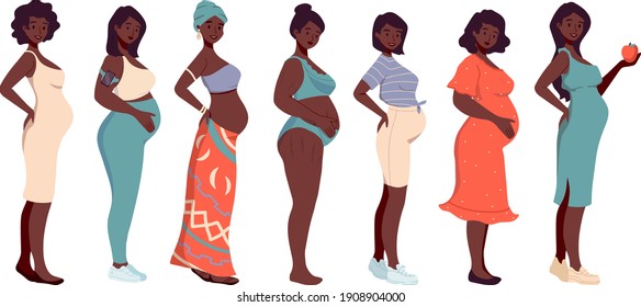 Set of different african american pregnant women in dress, sportswear, underwear, ethnic clothes. Future mother expecting baby. Motherhood. New born. Mother's Day. Women's Day. 