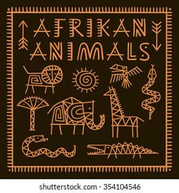 Set of different african animals - bird lion snake elephant giraffe crocodile. Hand drawn vector africa elements and icon. Primitive old simple stylized isolated graphic design.